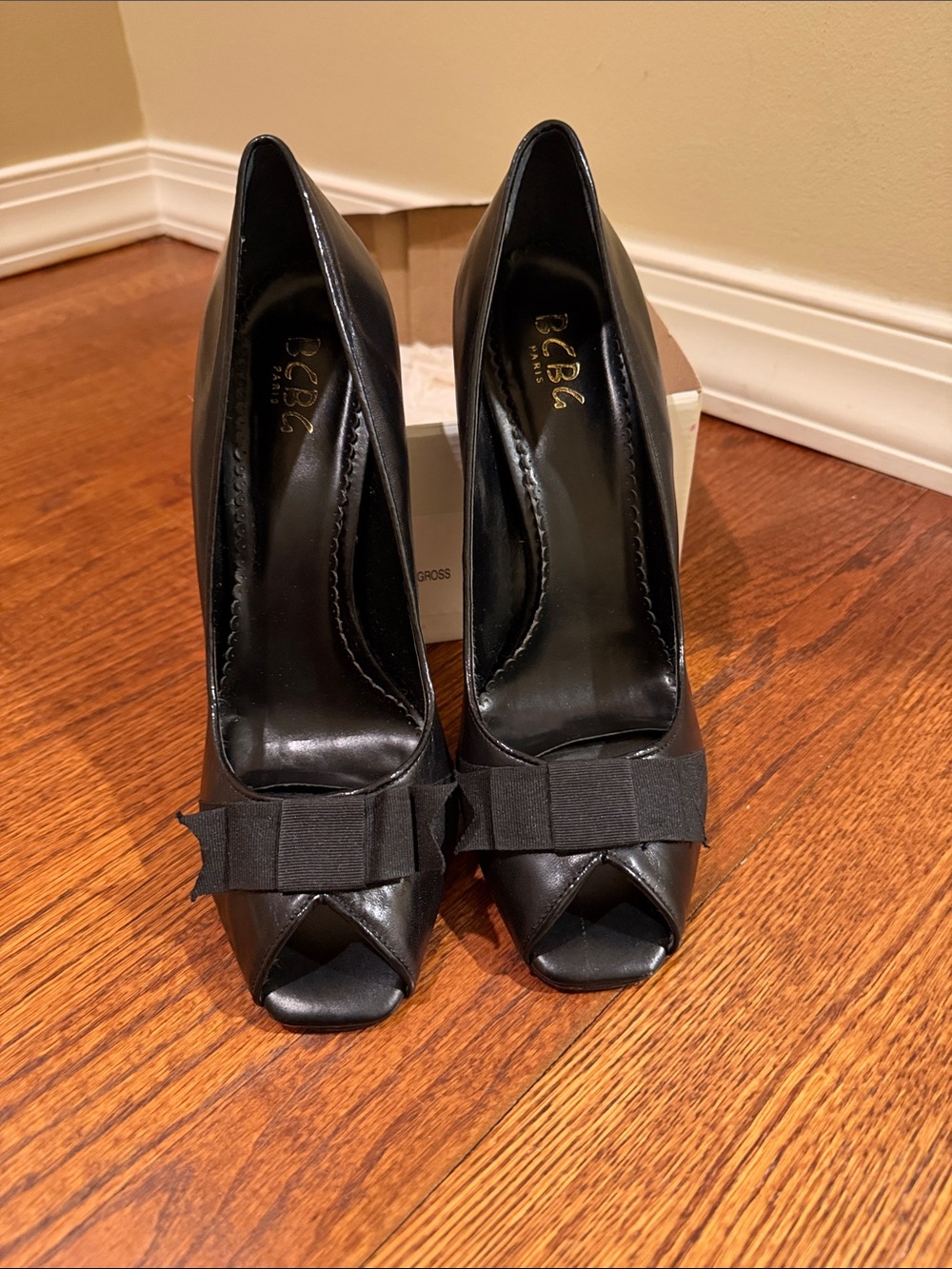 BCBG Black Peep-Toe Bow Heels